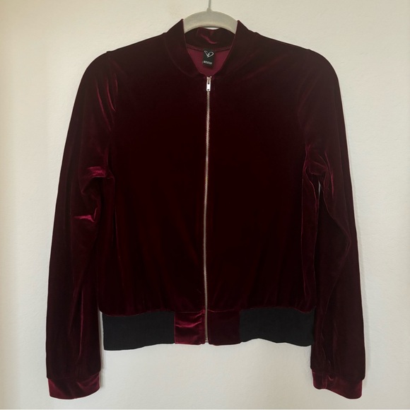 Burgundy Velvet Velour Bomber Jacket Size M - Picture 4 of 8